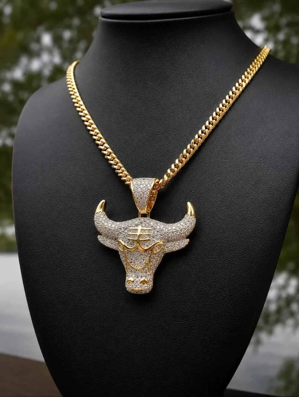 14k GP Simulated Diamond Bull Necklace
